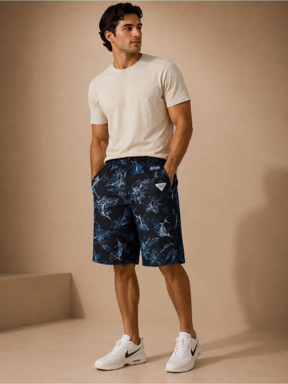 Columbia PFG Black Blue Marlin Fish Print Board Shorts Men’s Small